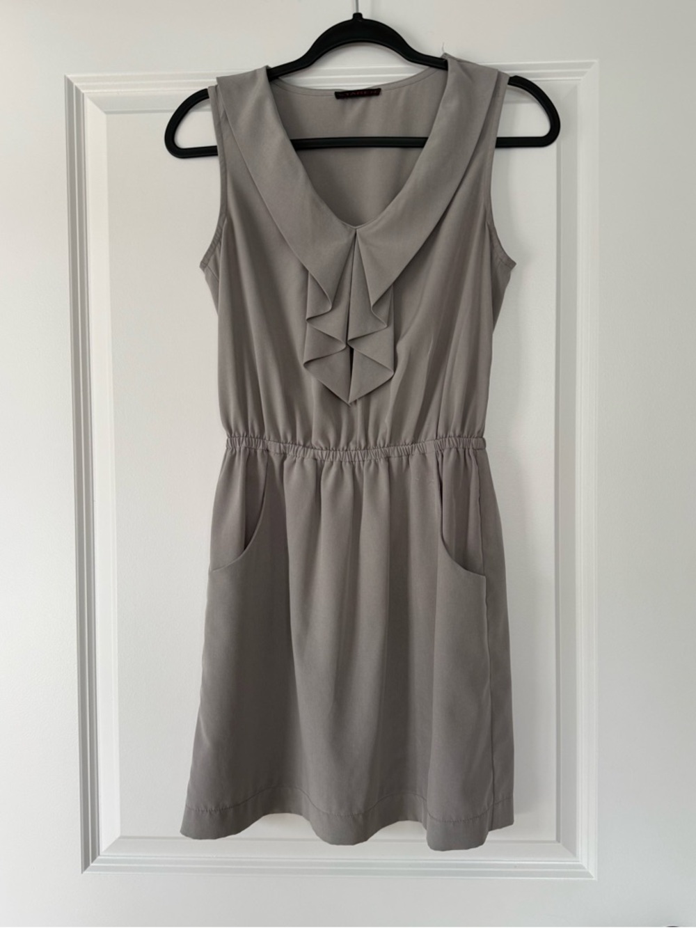 Xtaren Sleeveless Ruffle-Front Mini Dress in Taupe